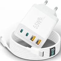 GreenHec Ladegerät USB-C iPhone mehrfach Schnell Handy Adapter Netzteil + Kabel Schnelllade-Gerät (0 mA, Spar-Set, 55w Quatro Charger + USB-C Kabel, iPhone 17 16 15 14 13 12 Pro Max Air, 4 Multi Ports 55w 1m 2m 3m Laden)