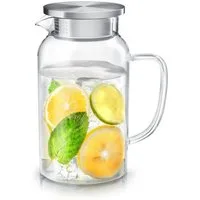 Arendo Karaffe Glaskaraffe mit Deckel aus lebensmittelechtem Edelstahl, Borosilikatglas, 1450 ml, Sieb, hitze- und kältebeständig, BPA-frei