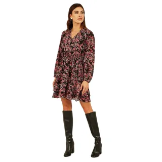 Mela London - Kleid mit ausgestelltem Rock für Damen, V-Ausschnitt (Schwarz/Bunt)