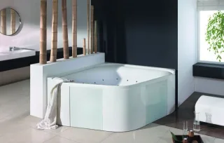 Hoesch Badewanne Ergo+ Eck 1640 freistehend Weiss/Chrom/Glas Schwarz 6443.010305552