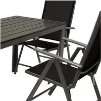 TPFGarden Garten-Essgruppe ASHFORD, (Gartengarnitur - 5-teilige Sitzgruppe - Gestell aus Aluminium grau, 5-tlg., Textilbespannung schwarz - Rückenlehne Sessel 7-fach verstellbar), (4x Klappsessel mit Armlehnen, 1x Tisch 125x70cm)