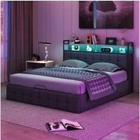 Furnishings Home Polsterbett Stauraumbett Doppelbett LED (Ausgestattet mit hydraulischem Bettkasten), Mit LED-Beleuchtung, Bettkasten, Ladefunktion, Leinen, 160x200 cm