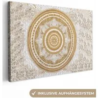 OneMillionCanvasses® Leinwandbild Mandala - Blumen - Gold - Weiß - Design, Fotodruck (1 St), Leinwand Bilder Klein, Wand Dekoration Aesthetic 30x20 cm