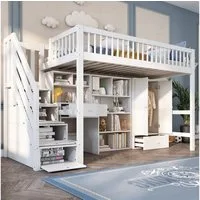 Flieks Hochbett Kinderbett Etagenbett mit Schreibtisch, Schrank, Stautreppe 90x200cm