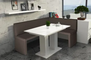 Eckbankgruppe 196x142 cm ROBIN XL L Braun / Esstisch DANTE Weiss HGL