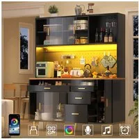 Flieks Küchenbuffet mit LED-Beleuchtung, Lochwandregalen, Glasschiebetür und Gläserhalter (145x39x171 cm, 1-St., Arbeitsplatte in Holzoptik) Hochschrank Küchenschrank Geschirrschrank mit verstellbarer Ablagen