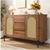 Merax Sideboard mit Rattantüren, Ovales Aufbewahrungsschrank in Holzoptik (140 × 38 × 77,5 cm, 1 St), Kommode mit 2 Schiebetüren, 3 Schubladen, Metallbeinen & Stauraum
