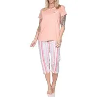 Normann Pyjama Normann Damen Schlafanzug kurzarm mit gestreifter Capri-Pyjamahose