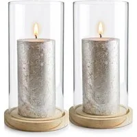 Sendez Windlicht 2 Glaszylinder mit Holzteller Kerzenhalter Kerzenständer Laterne