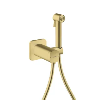 hansgrohe AXOR Bidette Showers Bidette Duschkopf 29243950 1 Strahlart softsquare für Mischwasser mit Duschkopfhalterung und Duschschlauch 1,25 m, Brushed Brass