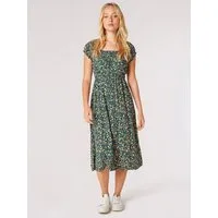 Apricot Midikleid Florales Midikleid mit gesmokter Taille