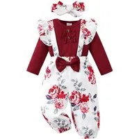 Gluckids Strampler Baby Mädchen Süßes Set Blumen Langarm Babykleidung Casual Anzug (3-tlg) Rüschen Overall + Hose+ Stirnband Set, Frühling Herbst Babykleidung