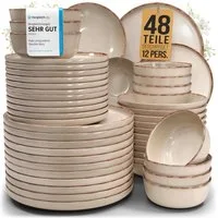 PURE LIVING INTERIOR DESIGN Geschirr-Set Pure Living Geschirr-Set »Rustic« (48-tlg), 12 Personen, Steingut, Be (48-tlg), 12 Personen, Steingut, Mediterrane Handwerksoptik, Reaktive Glasur – jedes Stück einzigartig…