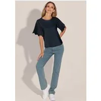 MADELEINE Shirtbluse Kurzes Sommerbluse mit Lochstickerei Uni-Design mit femininem Rundhalsausschnitt