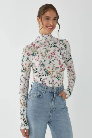 Blumenmuster Langarmpullover