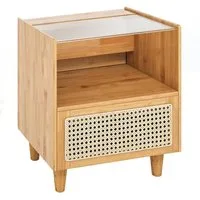 COSTWAY Nachttisch (1-St), Rattan Beistelltisch, mit Glastischplatte, aus Bambus