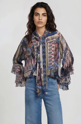 Milano Italy - blouse with bow tie neckline and double layered flounce cuff navy print - Gr. - 42