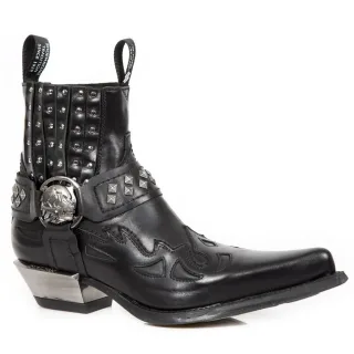 New Rock Western-Bikerstiefel aus schwarzem Leder mit Nieten-7950-S1