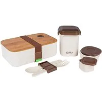 KeMar Kitchenware Lunchbox HuskKBundleset6-1, Zellulose,Polypropylen, (Set, 6-tlg., LUNCHBOX, BROTDOSE, BENTOBOX, BAMBUS DECKEL, 6 TEILE), 1,1 Liter mit Bambus Deckel, Besteck, Stofftasche, 2 Zusatzbehälter