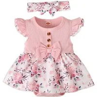 Gluckids Strampler Neugeborenes Kurzarm Blumen Strampler Outfits Baby Mädchen Body-Klied (Strampler + Stirnband Sets), 2-tlg) Sommer Overall Babykleidung Säugling Rüschen Strampler-Kleid+Stirnband