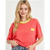 MIRROSI Sweatshirt Damen Kurzarm T Shirt Oversize Neonfarben Streifenmuster Ringelshirt, One Size Passform (ca. Gr. 34–40), Made in Italy