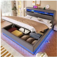 Flieks Polsterbett, Hydraulisches Stauraumbett 180x200cm mit Ladefunktion LED-Beleuchtung