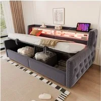 Merax Daybett 90x200cm mit LED-Lichtleiste, Steckdose & USB-Anschluss (Schlafsofa Sofabett Jugendbett Kinderbett Polsterbett, 1 tlg), Tagesbett mit hydraulischem Stauraum & Staufächern, Samtstoff