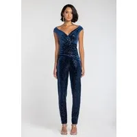 Goddiva Jumpsuit Sequin Velvet Bardot Jumpsuit Bandeau-Ausschnitt, offener Rücken, schimmernde Pailletten