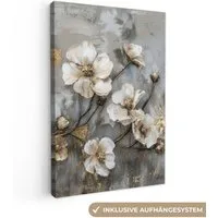 OneMillionCanvasses® Leinwandbild Blumen - Weiß - Grau - Gold - Luxus, Fotodruck (1 St), Leinwand Canvas Wandbild, Wanddekoration 20x30 cm