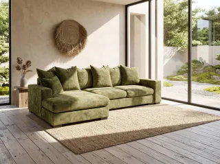 Ecksofa mit Schlaffunktion BENICIO Sofa in Stoff Flow Olivgrün Ottomane Links