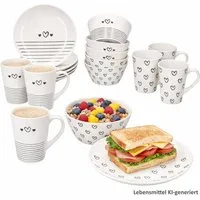 MamboCat Frühstücks-Geschirrset MamboCat Cupid 18tlg Frühstücksset Teller Becher Schalen Herz Streifen, Porzellan