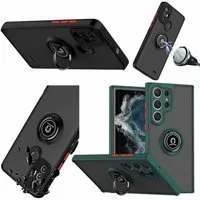 Wigento Handyhülle Für Samsung Galaxy S23 Ultra TPU / PC Design Ring Cover Handy Tasche Hülle Schutz Etuis Dunkel Grün Neu