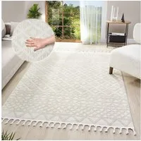 OTTO home Teppich Ribeyret, rechteckig, Höhe: 11 mm, mit Fransen, Hoch-Tief-Struktur, Woll-Look, Boho-Style, Wohnzimmer