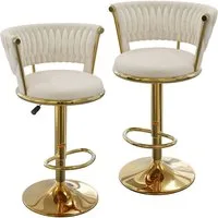 JEOBEST Barhocker Samtsitz Barstuhl, Küchenhocker mit geflochtener Rückenlehne Fußstütze, (2er Set) Barstühle höhenverstellbar 360° drehbar, Metallrahmen