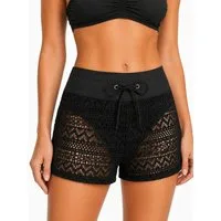 Elegant Love Badehose Damen Badeshorts in Häkeloptik mit Kordelzug, Strandshorts Semi-transparente Bikini Cover-up Hotpants im floralen Lochmuster