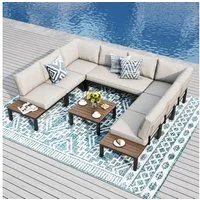PHI VILLA Gartenlounge-Set, (Gartenmöbel Balkonmöbel mit Verstärkten Kissen und Kaffeetisch), Metall Lounge Möbel Outdoor Gartenlounge, Beige
