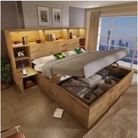 Flieks Massivholzbett, Hydraulik Stauraumbett 180x200cm mit Nachttische LED-Leiste & Aufladen