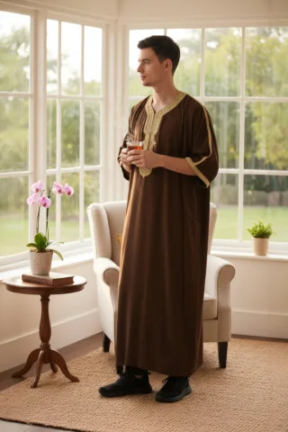 Braune Ramadan-Marokkanische Thobe-Robe für Herren Djellaba Gandoura Eid Jubba LFS-HM67