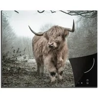 MuchoWow Herd-Abdeckplatte Schottischer Highlander - Wald - Nebel - Kuh - Tiere - Natur, Vinyl, (1 tlg), Abdeckung Induktionskochfeld Schutzmatte, Küche Deko, 65x52 cm