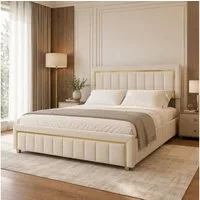 Simurq Stauraumbett Polsterbett 160x200 Beige mit Bettkasten, Bettkasten, gepolstertes Kopfteil, Lattenrost