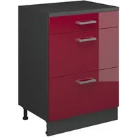 Vicco Unterschrank R-Line, Rot Hochglanz, 60 cm ohne Schräge mit 3 Schubladen