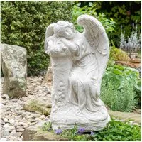 Antikas Gartenfigur Engel an Statue, Steinguss, weiß, H 38 cm x T 18 cm