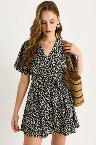 Blumiges V-Ausschnitt Midi-Kleid mit Schlitz