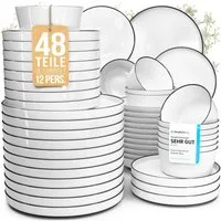 PURE LIVING INTERIOR DESIGN Geschirr-Set Scandi aus Steingut, 48-tlg., für 12 Personen, Weiß - Schwarzer Rand, 12 Personen, Porzellan, Zeitloses skandinavisches Design, Eleganter schwarzer Rand, Minimalis…