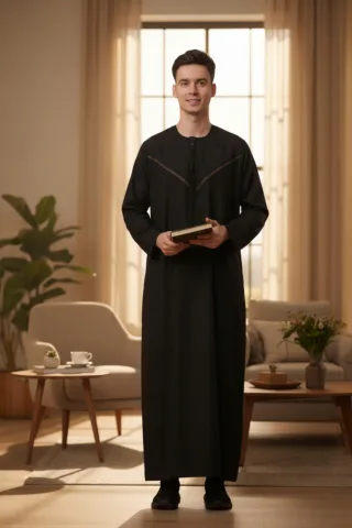 Herren Schwarz Eid Marokkanische Thobe Robe Djellaba Ramadan Eid Jubba LFS- HM10