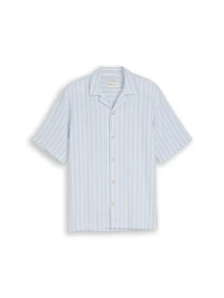 Denim Tom Tailor - Relaxed Fit Resort Hemd mit Leinenanteil light blue white stripe - Gr. - S