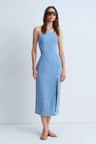 Halter Neck Midi Denim Kleid