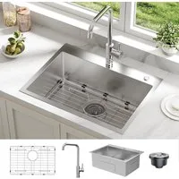 GarveeMore Küchenspüle Edelstahl Spülbecken, Einbauspüle mit Armatur & Zubehör, rechteckig, 60/45 cm, inkl. Ablaufstopfen, Siebkorbventil & Geschirrabtropfgestell