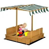 Outsunny Sandkasten mit höhenverstellbar Abdeckung Sitzbänken Rücklehnen, (Kinder Sandbox, 1-tlg., Sandkiste), aus Holz für Outdoor Garten Terrasse Balkon Hellbraun