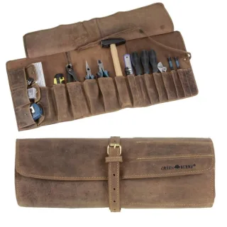 Werkzeugrolle Leder Werkzeugtasche rollbar Motorrad Oldtimer Auto Heimwerker antikbraun 13 Fächer | Greenburry Vintage 1690-25